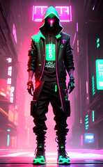 Person in dark city colored with neon lights
