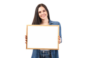 Happy smiling woman holding poster. Beautiful girl shows advertisement