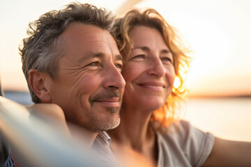 Fototapeta premium Happy senior couple in love enjoying a romantic sunset on yacht in the sea, AI Generative Generative AI