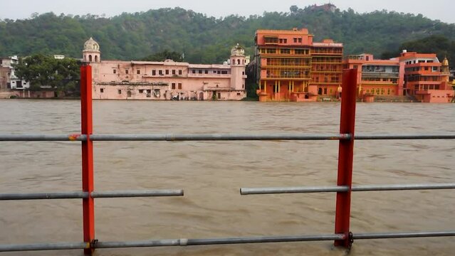 July 8th 2022 Haridwar India. Wide angle view of River Ganges flowing .