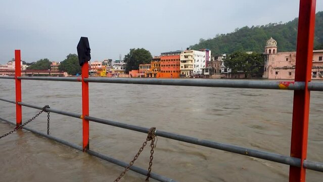 July 8th 2022 Haridwar India. Wide angle view of River Ganges flowing .