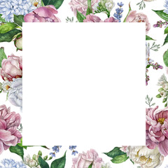 Square frame with seamless floral pattern with pink, white peonies and leaves on a white background, Botanical watercolor frame with floral background. Templates for postcard, invitation, check list