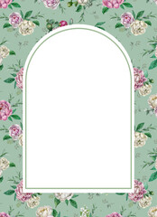 Arch frame with seamless floral pattern with pink,white peonies, leaves on a turquoise blue background, Botanical watercolor frame with floral background. Templates for postcard,invitation, check list