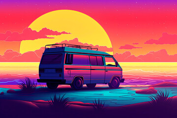 Fototapeta na wymiar Generative AI illustration of a van sitting by the beach at sunset, in the style of retrowave