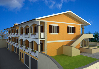 3d Render Perspective view of house with light blue background