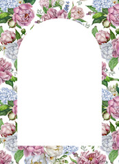 Arch frame with seamless floral pattern with pink,white peonies, leaves on a turquoise blue background, Botanical watercolor frame with floral background. Templates for postcard,invitation, check list