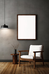 Blank picture frame mockup on gray wall. White living room design. generative AI