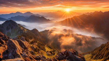Majestic Sunrise Over Mountain Peaks. Generative AI