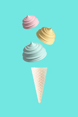 Creative concept ice cream with three colorful cone. Summer idea.