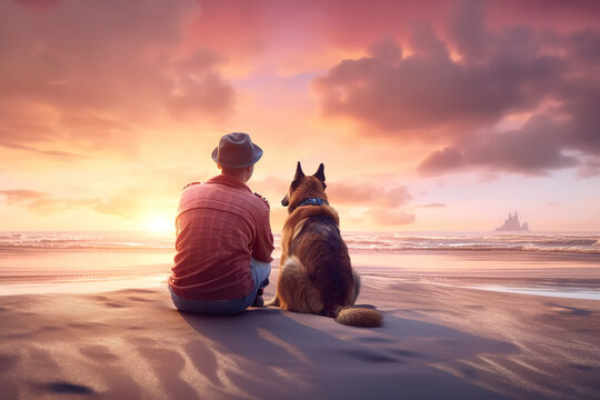 A Peaceful Scene Of A Man And His Loyal Dog Watching The Sunset Together In A Desert Landscape. AI Generative. Generative AI