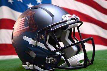 Fototapeta premium American football helmet with American flag, stadium and grass, digital illustration. Generative AI
