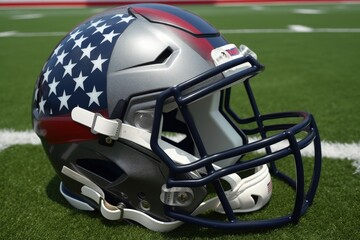 Fototapeta premium American football helmet with American flag, stadium and grass, digital illustration. Generative AI