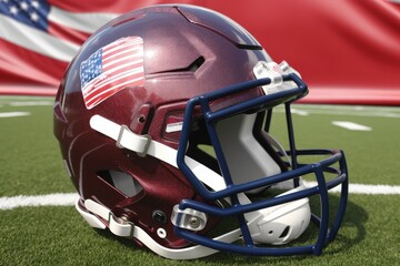 Fototapeta premium American football helmet with American flag, stadium and grass, digital illustration. Generative AI