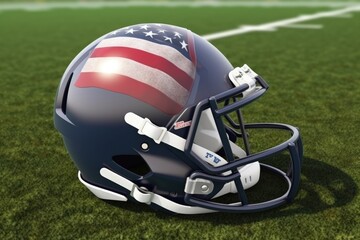 American football helmet with American flag, stadium and grass, digital illustration. Generative AI