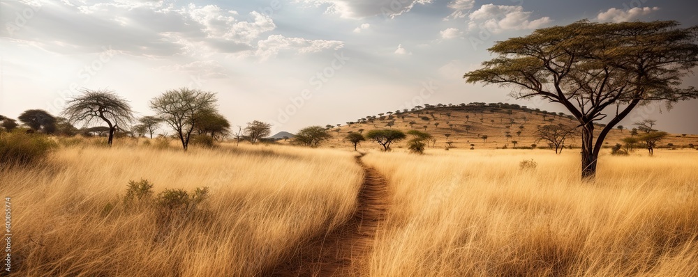 Wall mural panoramic view of typical african landscape with a walking path in savannah. generative ai view with
