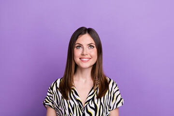 Fototapeta premium Photo of woman wear zebra shirt print looking interested empty space proposition store vintage clothes isolated on violet color background