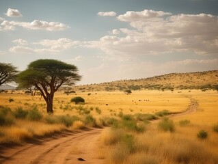 Panorama landscape of a typical savannah landscape in Africa. Generative ai view