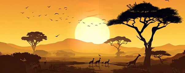 African savanna landscape at sunset with big sun, wild animals and birds silhouettes illustration. Generative ai view