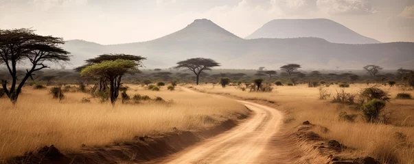 Foto op Aluminium Typical African savannah landscape with acacia trees, road and high mountains in Africa. Generative ai view © Sabine