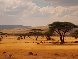 African savannah landscape with acacia trees in Africa. Generative ai view