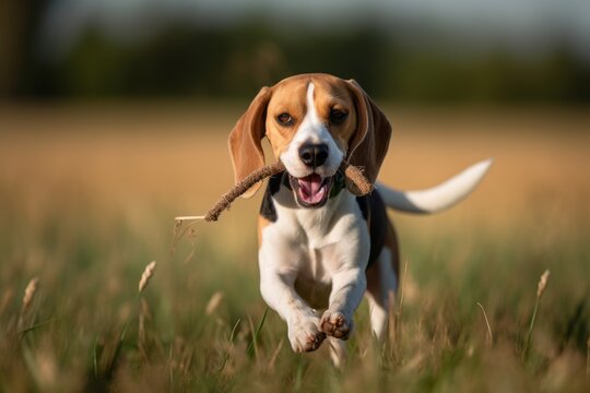 Headshot portrait photography of a curious beagle playing tug-of-war against open fields and meadows background. With generative AI technology