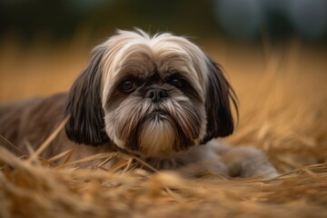 Naklejka na ściany i meble Full-length portrait photography of an aggressive shih tzu lying down against open fields and meadows background. With generative AI technology