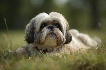 Full-length portrait photography of an aggressive shih tzu lying down against open fields and meadows background. With generative AI technology