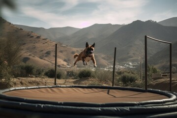 Environmental portrait photography of a happy boxer jumping on a trampoline against mountains and hills background. With generative AI technology