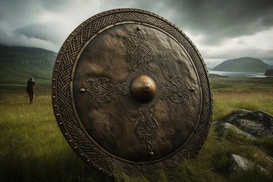 Landscape with metal viking shield, battlefield in the background, digital illustration. Generative AI