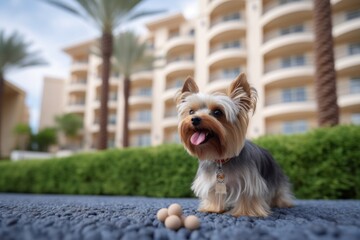 Fototapeta Full-length portrait photography of a happy yorkshire terrier chewing things against pet-friendly hotels and resorts background. With generative AI technology obraz