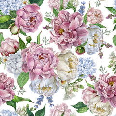 Seamless floral pattern with pink, white peonies, hyacinths, leaves on white background, realistic botanical watercolor illustration. Design for textiles, interiors, clothes, wallpaper. Botanical art