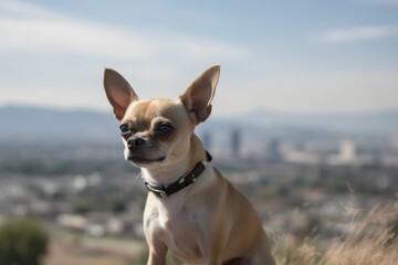 Fototapeta premium Environmental portrait photography of an aggressive chihuahua being in front of a city skyline against vineyards and wineries background. With generative AI technology