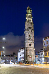 famous  Clérigos church or in english Church of the Clergymen by night in Porto, Portugal