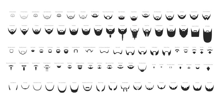 Set of Beard and mustache with name text style men face illustration Facial hair. Vector black male Fashion template flat barber collection set. Stylish hairstyle isolated outline on white background.