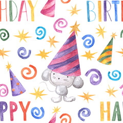 Hand drawn watercolor seamless pattern with cute mouse in party hat and spiral festive confetti as Birthday party background with handwritten words 