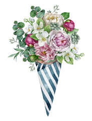 Watercolor spring blossom peonies bouquet in  pink paper cone, Summer arrangement. Card for weddings, valentines day, woman birthday, mothers day summer card.Realistic style,hand-drawn illustration