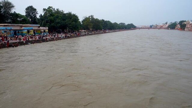 July 8th 2022 Haridwar India. Wide angle view of River Ganges flowing .