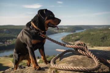 Full-length portrait photography of a curious rottweiler playing with a rope toy against scenic viewpoints and overlooks background. With generative AI technology