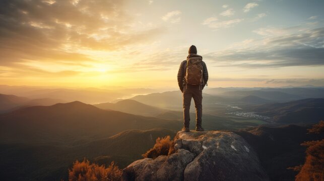 Tourist climber on peak of high rocks mountains sunset with backpacks. Lifestyle concept of victory over depression. generated ai