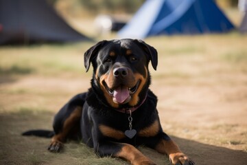 Environmental portrait photography of a happy rottweiler sitting against dog-friendly campgrounds background. With generative AI technology