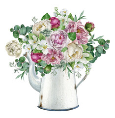 Watercolor spring blossom peonies bouquet in white enamel teapot, Summer arrangement, Farmhouse rustic spring decor, Mother day clipart. Birthday summer card. realistic style, hand-drawn illustration