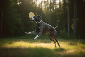 Environmental portrait photography of a curious great dane catching a frisbee against dog-friendly campgrounds background. With generative AI technology