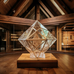 Glass and Wood Merkaba Sculpture in a Museum - generative AI