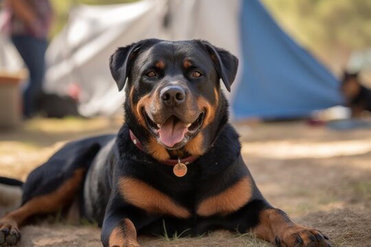 Environmental portrait photography of a happy rottweiler sitting against dog-friendly campgrounds background. With generative AI technology