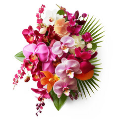 A tropical bouquet of orchids and hibiscus flowers