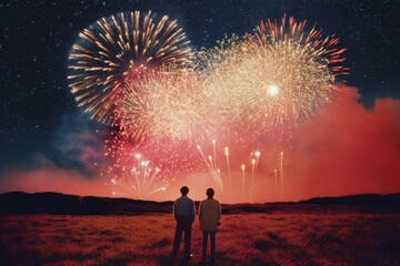 Fototapeta na wymiar couple watching a fireworks celebration made with generative ai