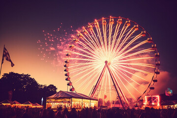 ferris wheel at night with fireworks made with generative ai
