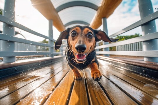 Medium shot portrait photography of a curious dachshund running through a sprinkler against boardwalks and piers background. With generative AI technology