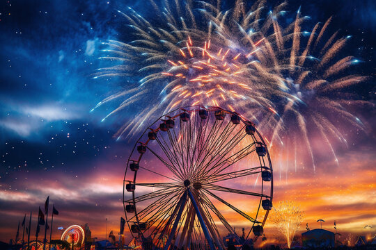 ferris wheel at night with fireworks in background made with generative ai
