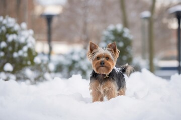 Full-length portrait photography of a happy yorkshire terrier playing in the snow against sculpture gardens background. With generative AI technology